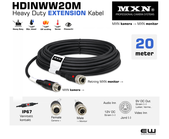 20m - MXN Heavy Duty Extension Cable - HDINWW20M - MXN Heavy Duty Extension Camera Cable - HDINWW20m fra euroworker
