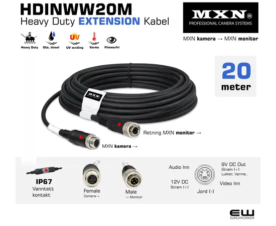 20m - MXN Heavy Duty Extension Cable - HDINWW20M - MXN Heavy Duty Extension Camera Cable - HDINWW20m fra euroworker