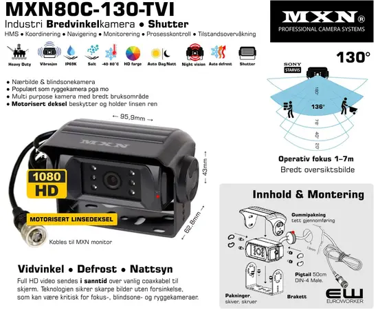 MXN MXN80C-TVI-130 - 130° Industri Vidvinkel Kamera med Motorisert Deksel (Fokus 1-7m)